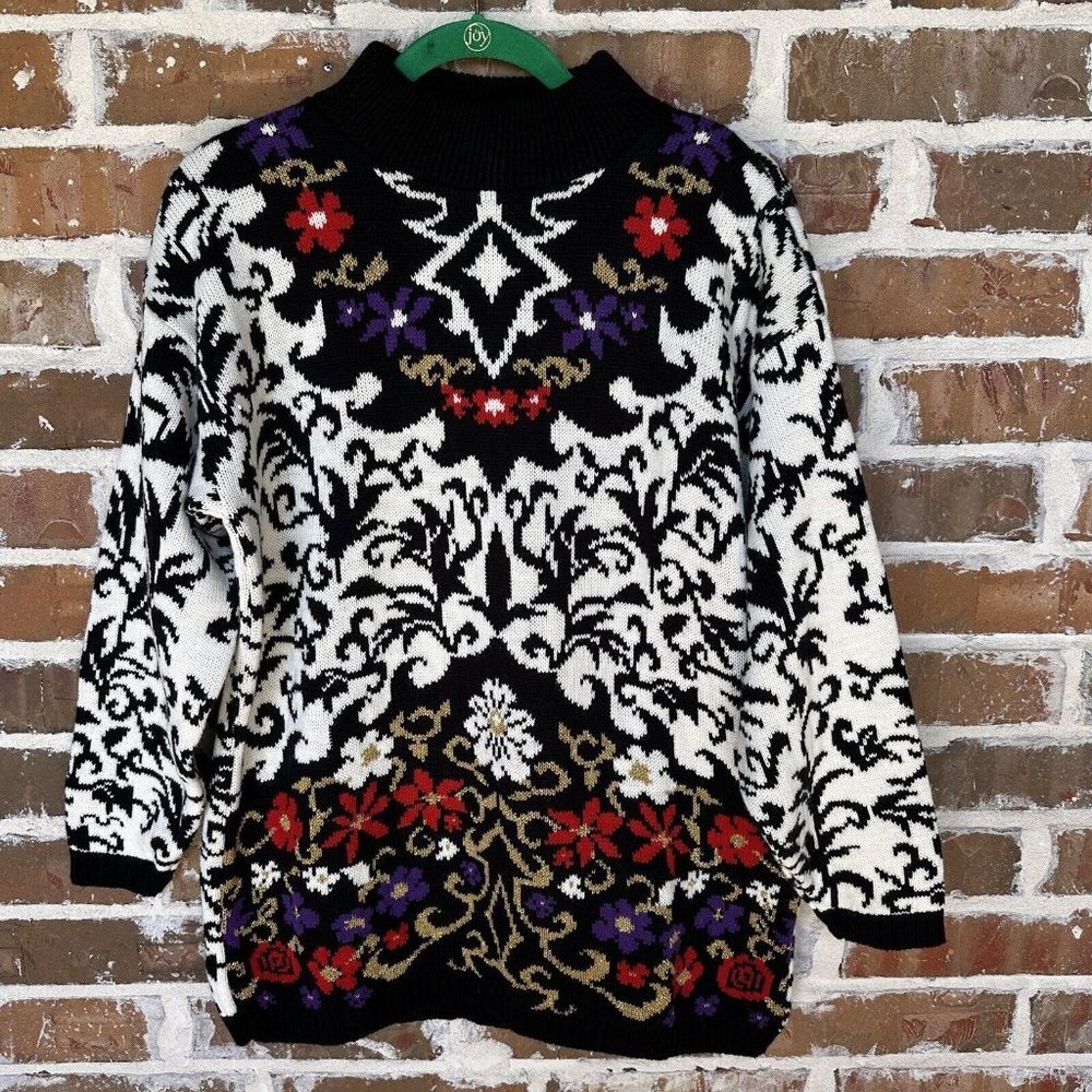 VTG‎ 1980s Trimmings Sweater Women's Small Floral Multi Mock Neck Oversized EUC